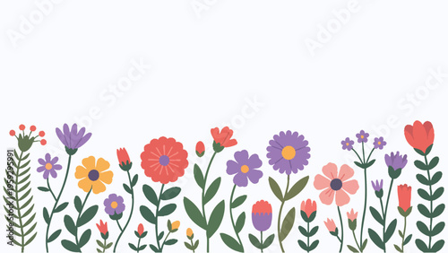 Colorful floral arrangement with diverse wildflowers and greenery isolated on white background, illustration