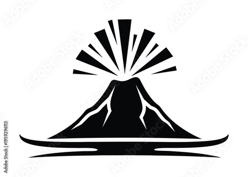 Bold vector of a volcano erupting with dynamic rays of light radiating from the top