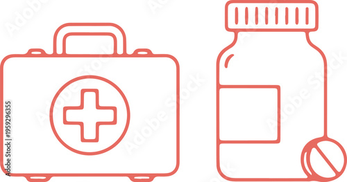 First aid kit and medicine bottle icons representing healthcare essentials