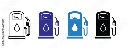 Set of four vector fuel pumps in different colors illustrating various gas station designs for a graphic project.