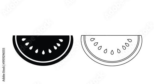 Two watermelon slices one dark and one light in simple silhouette