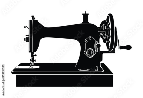 Vector of a black vintage sewing machine with hand crank and needle