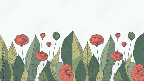 Illustrated garden featuring vibrant poppies and lush green foliage isolated on white background, illustration