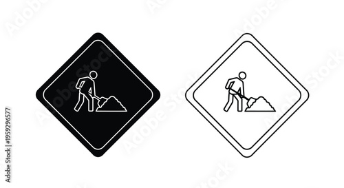 Road work ahead warning sign black and white variations silhouette