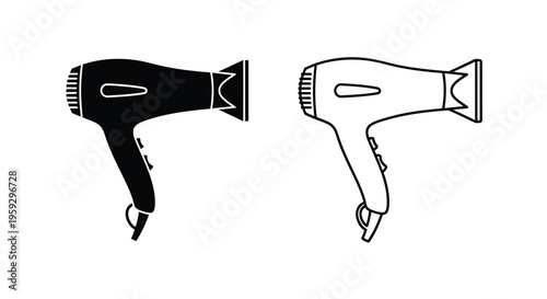 Two hair dryers depicted in black and white a minimalist silhouette