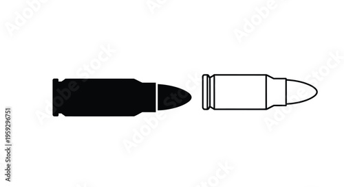 A disassembled bullet cartridge shown in stark black silhouette