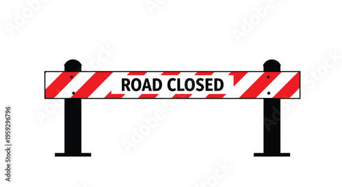 A red and white road closed barrier against a white background silhouette