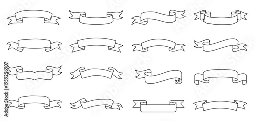 Black Line Drawn Ribbon Banner Collection on White Background for Web Design Decorative Label Badge Scroll Frame and Graphic Elements Vector Illustration Set