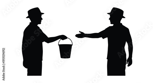Two men exchange a bucket depicted in a striking black silhouette