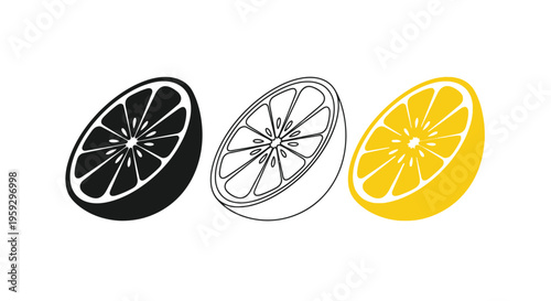Three lemon halves in varying styles including a dark silhouette