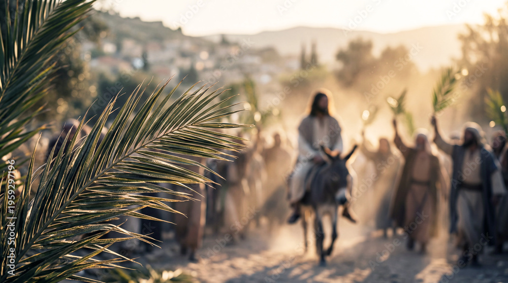 Naklejka premium Palm Sunday - Jesus Christ Entering Jerusalem on Donkey with People Waving Palm Branches, Biblical Scene