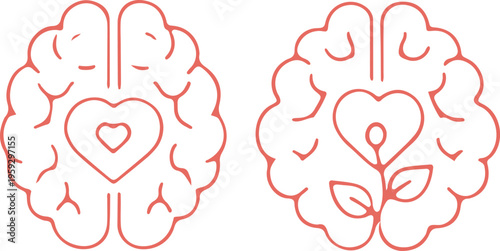 Creative illustration of brain with heart and leaf motifs inside