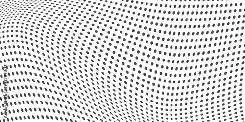 Abstract dotted halftone waves collection. Black and grey digital wavy dot, twisted wave line and halftone gradient pattern