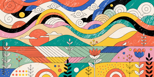 Stylized panoramic landscape illustration featuring layered rolling hills, cultivated fields, rising sun, and stylized flora under wavy sky patterns, suggesting growth.