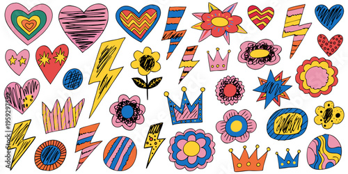 Group of textured, scribbled graphic doodles portraying hearts, flowers, lightning bolts, and crowns in a cheerful palette, suitable for decorative purposes.