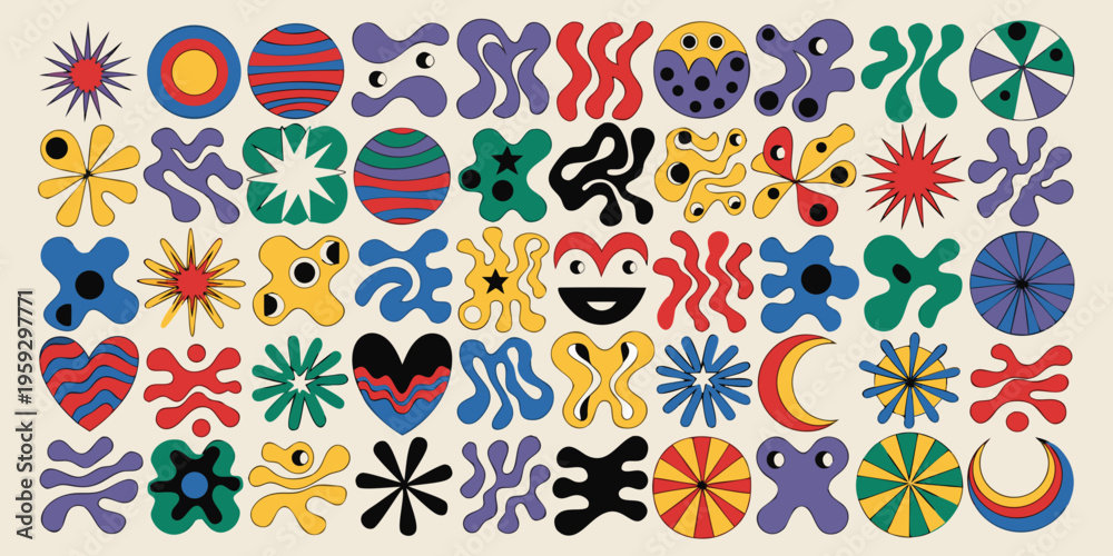 Obraz premium Colorful abstract pattern, featuring an eclectic collection of organic and geometric shapes with a vibrant retro-modern aesthetic, creates a dynamic and engaging visual background for creative design.
