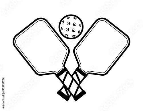 Pickeball Paddle with Ball in Black Line Icon for Sport Equipment in Flat Vector Illustration