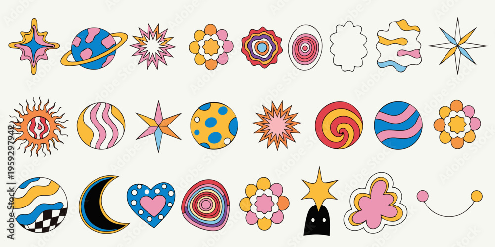 Fototapeta premium Collection of abstract retro celestial and floral doodle shapes featuring planets, stars, moons, and hearts rendered in a limited pastel color palette on white background.