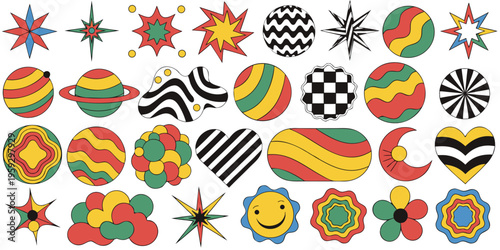 Collection of colorful retro abstract shapes including stars, circles, hearts, and moons featuring vibrant red, yellow, green, and black patterns for graphic design elements.