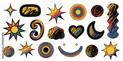 Set of colorful abstract stickers featuring scratched textures on stars, suns, circles, a crescent moon, a heart, and a smiling arc on a white surface.