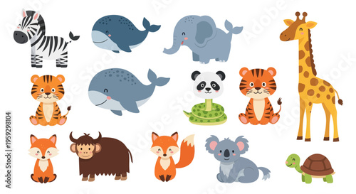 Cute Cartoon Animals Collection - Zebra, Elephant, Giraffe, Tiger, Panda, Fox, Koala, Yak
