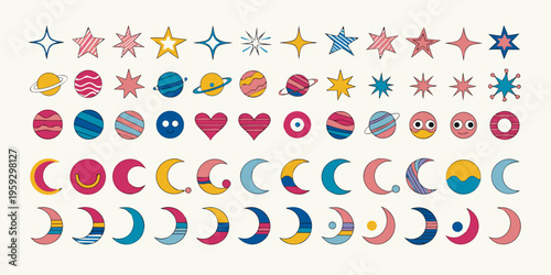Collection of colorful, stylized celestial and heart shape vector icons featuring stars, planets, and moons arranged in neat rows for graphic design.