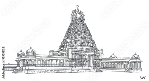 Intricate Indian Temple Architecture Drawing, Hindu Gopuram Tower, Traditional Culture