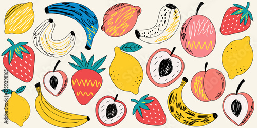Assorted collection of brightly colored, textured fruit drawings featuring halved peaches, whole bananas, lemons, and strawberries arranged in a repeating, decorative arrangement.