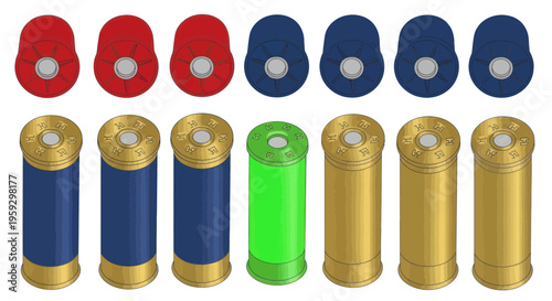 Red Blue and Gold Shotgun Shells and Caps Set