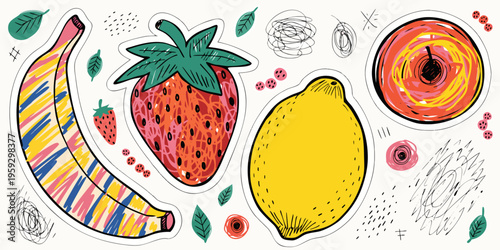 Assorted colorful fruits including banana, strawberry, and lemon depicted as stylized stickers with decorative scribbles and leaf accents on white.