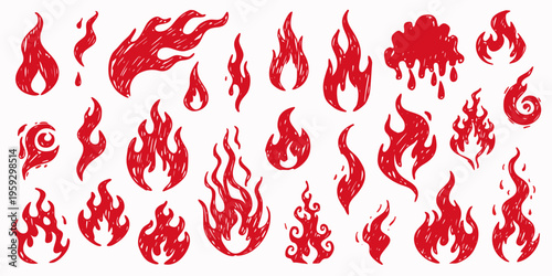 Collection of diverse hand-drawn red flame icons and stylized fire elements providing various energy and heat graphic resources for design projects.