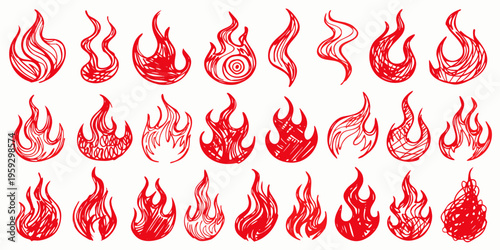 Set of twenty-one detailed red flame icons sketched in a uniform hand-drawn style presented in three organized rows against a plain white background for easy selection.