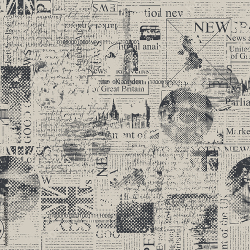 Vector seamless pattern with UK or London. Page of newspaper or magazine with headings, landmark, british flag and unreadable text. Retro style. Wallpaper, wrapping paper or fabric. T-shirt. No ai