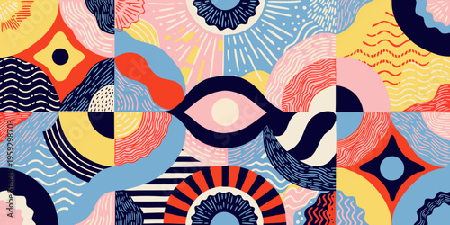 Abstract geometric pattern featuring stylized eyes and fan shapes in a cohesive tessellated composition using contrasting bright and dark colors across the surface area.