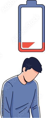 Low battery concept with exhausted man energy depletion fatigue illustration