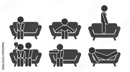 Isolated bundle monochrome pictogram icons showing people on sofa sitting, hugging, sleeping, and standing representing lifestyle, comfort, and home activity