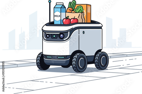 Autonomous delivery robot carrying groceries on city street futuristic last mile delivery concept