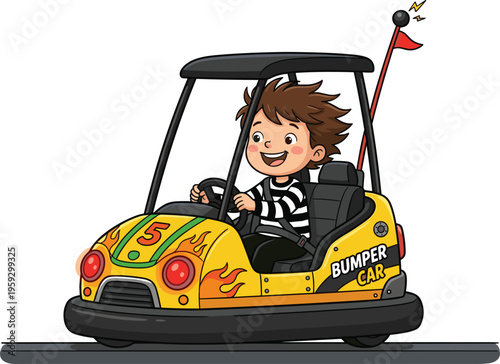 Happy young boy driving colorful yellow bumper car with flame decals at amusement park fairground vector illustration,
