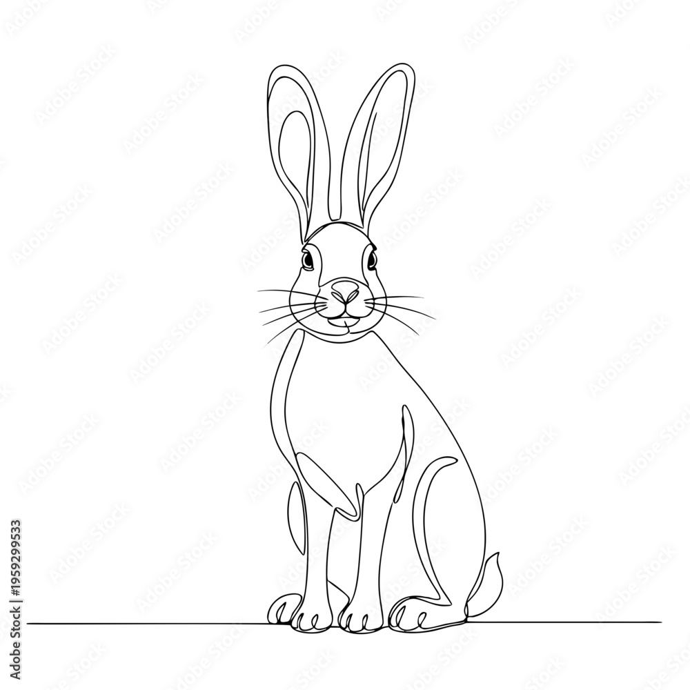 Obraz premium Continuous line hare drawing featuring a sitting rabbit on transparent backdrop. Minimalist continuous line hare artwork presents animal in calm pose, ideal for modern design projects.