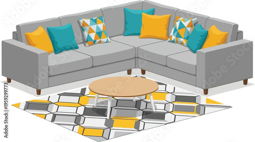 Modern living room interior with sectional sofa coffee table and decorative pillows cozy home design