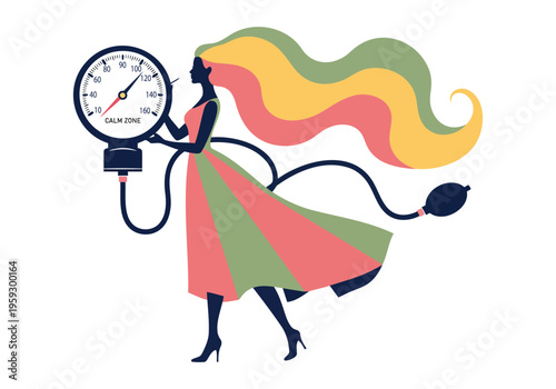 Conceptual illustration of woman with long waving hair holding blood pressure monitor dial