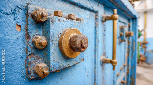 Close look at vibrant blue machinery with brass details showcasing the beauty of industrial design and mechanical craftsmanship