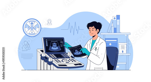 Doctor holding ultrasound images near modern medical equipment in clinic