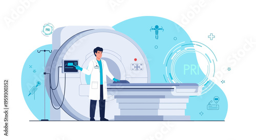 Doctor near MRI scanner, medical technology, diagnostic imaging, healthcare concept