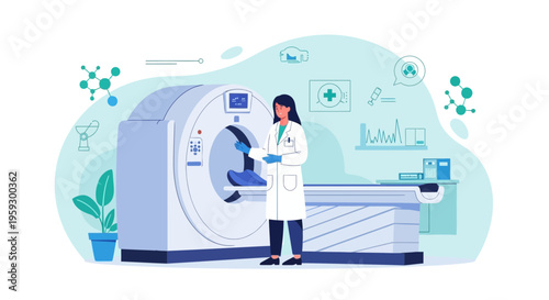 Doctor in Lab Coat Operating MRI Scanner in Modern Medical Clinic