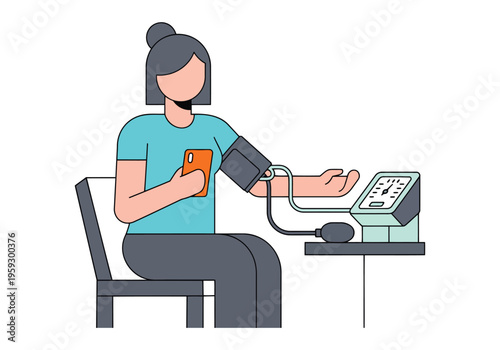 Young woman using smartphone while measuring blood pressure with electronic tonometer cuff