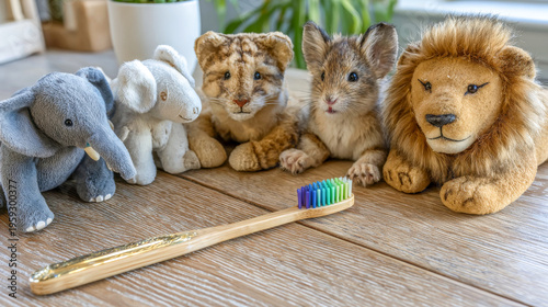 Plush animal friends gather around a colorful toothbrush in a cozy indoor setting during a sunny afternoon