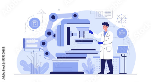 Doctor operating advanced medical equipment with robotic arm in futuristic laboratory