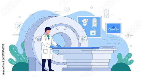 Doctor in MRI scanner room, medical technology, healthcare diagnostics, modern hospital equipment