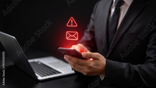 Businessman checking smartphone with red alert notification icons,cybersecurity warning concept highlighting email phishing scam and data breach risk in corporate environment